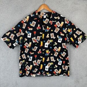 Poker Hawaiian Shirt Mens 2XL Black Party Print Cards Dice Chips Drinks Camp USA